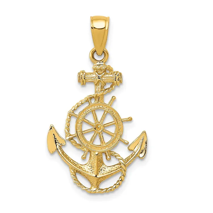 Qgold Necklaces 10k Yellow Gold 18 mm Anchor and Wheel Pendant 105 grams