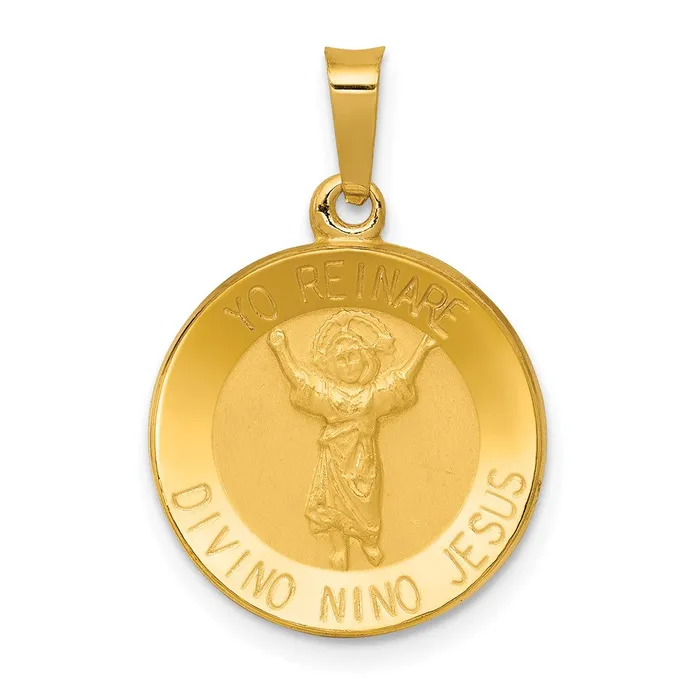 Qgold Necklaces 14k Yellow Gold 1528 mm Polished Satin Hollow Divino Nino Round Medal Pendant 099 grams Qgold Necklaces 14k Yellow Gold 1528 mm Polished Satin Hollow Divino Nino Round Medal Pendant 099 grams