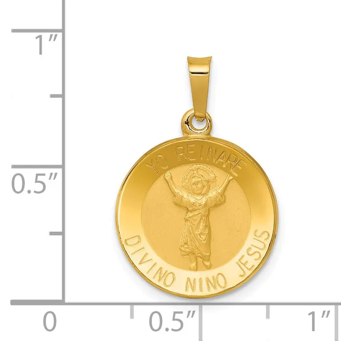 Qgold Necklaces 14k Yellow Gold 1528 mm Polished Satin Hollow Divino Nino Round Medal Pendant 099 grams