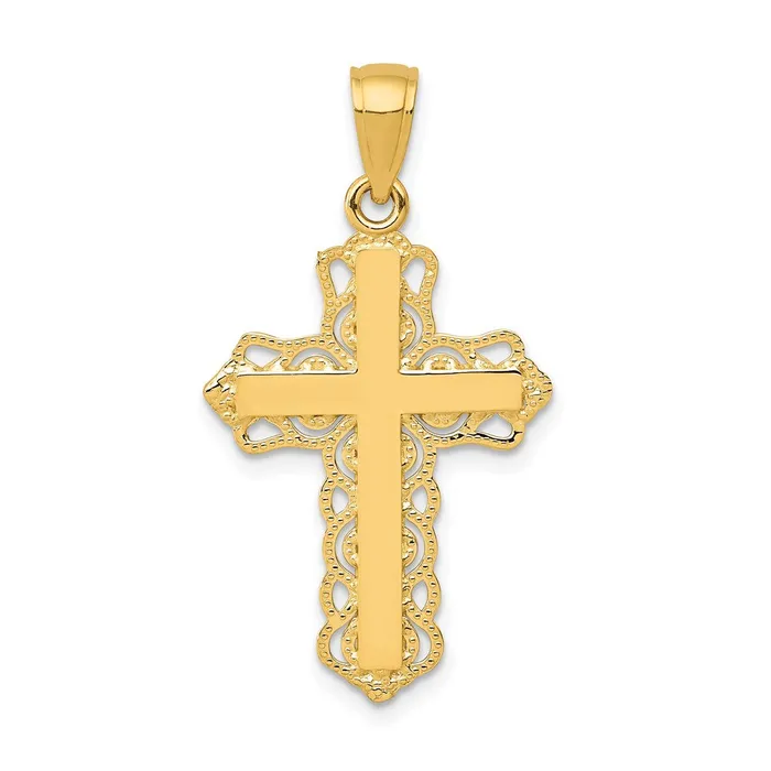 Qgold Necklaces 14k Yellow Gold 17 mm Lace Trim Cross Pendant 104 grams