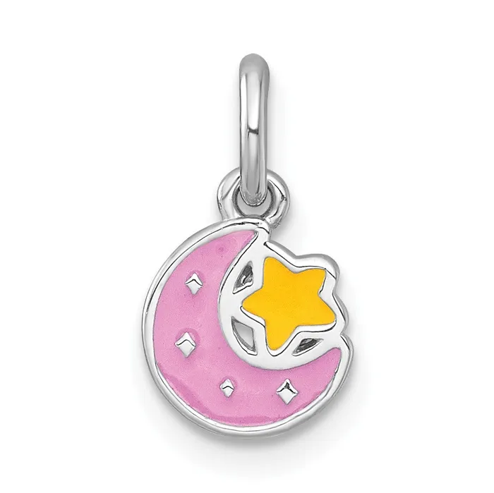 Qgold Necklaces Sterling Silver RHplated Polished Enamel Moon and Star Childrens Pendant 051 grams