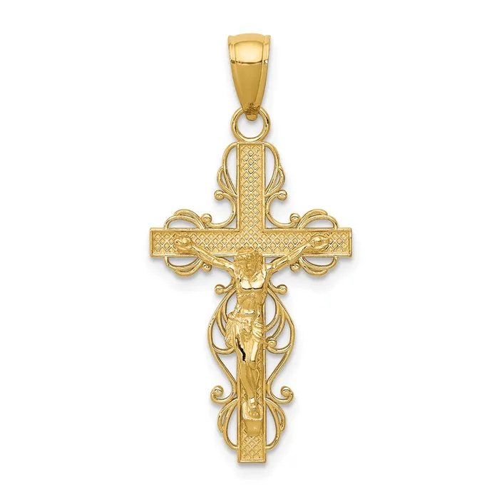 Qgold PreStyled Sets 10k Yellow Gold 16 mm Gold Polished Jesus Crucifix wlace Trim Pendant 161 grams Qgold PreStyled Sets 10k Yellow Gold 16 mm Gold Polished Jesus Crucifix wlace Trim Pendant 161 grams