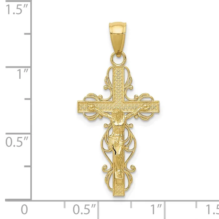 Qgold PreStyled Sets 10k Yellow Gold 16 mm Gold Polished Jesus Crucifix wlace Trim Pendant 161 grams Qgold PreStyled Sets 10k Yellow Gold 16 mm Gold Polished Jesus Crucifix wlace Trim Pendant 161 grams