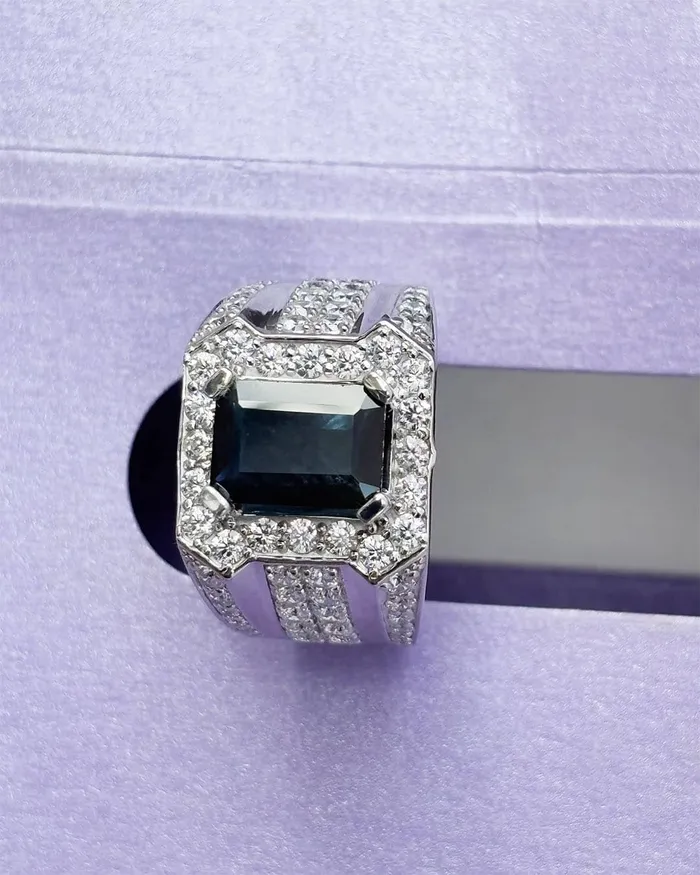 RectangleCut Blue Sapphire Mens Ring in Sterling Silver AME Jewellery Rings