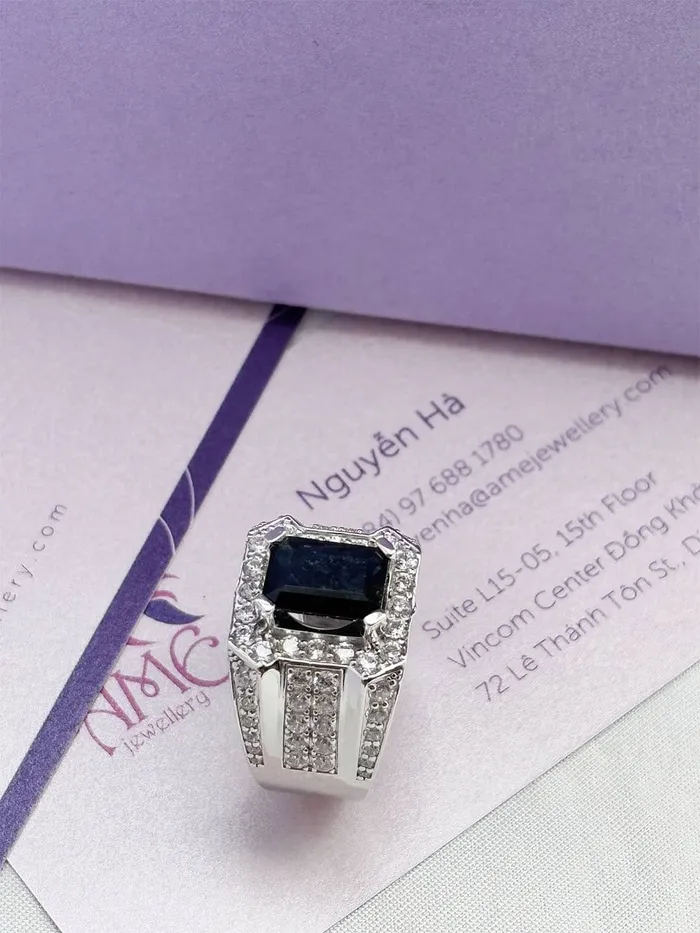 RectangleCut Blue Sapphire Mens Ring in Sterling Silver AME Jewellery Rings