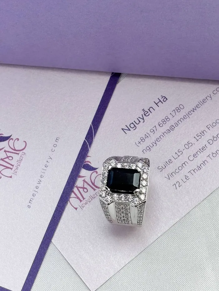 RectangleCut Blue Sapphire Mens Ring in Sterling Silver AME Jewellery Rings