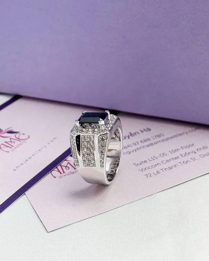 RectangleCut Blue Sapphire Mens Ring in Sterling Silver AME Jewellery Rings