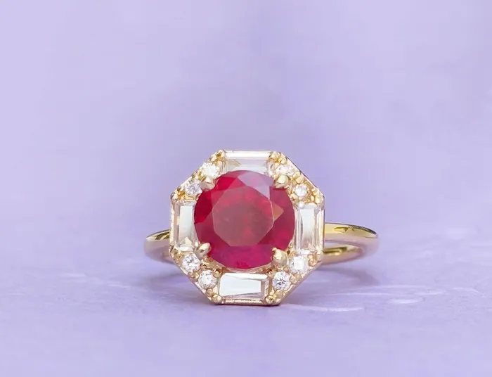 Rings AME Jewellery Mozambique Ruby Octagon Halo Ring in 14K Yellow Gold