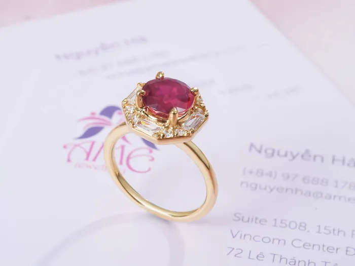 Rings AME Jewellery Mozambique Ruby Octagon Halo Ring in 14K Yellow Gold