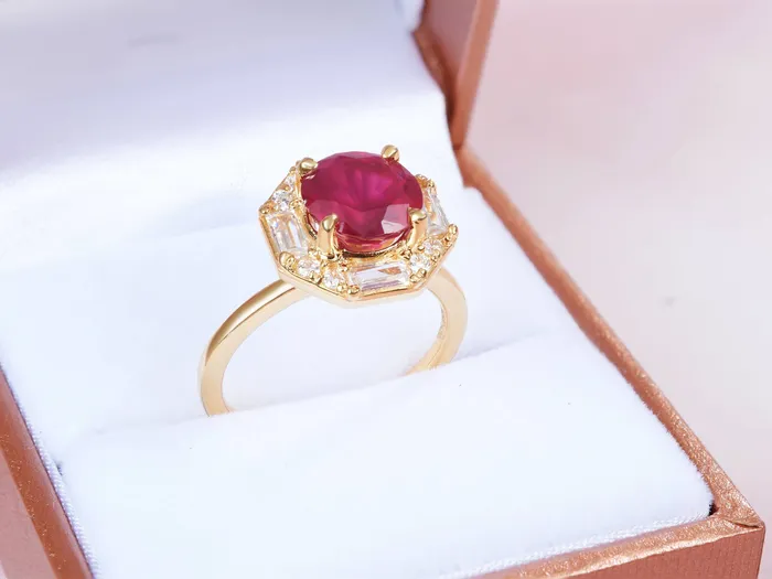 Rings AME Jewellery Mozambique Ruby Octagon Halo Ring in 14K Yellow Gold