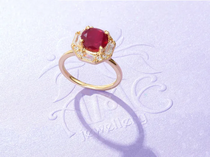 Rings AME Jewellery Mozambique Ruby Octagon Halo Ring in 14K Yellow Gold