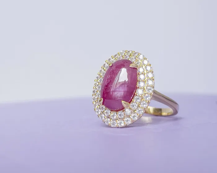 Rings AME Jewellery Natural OvalCabochon Ruby Double Halo Ring in 14K Yellow Gold Rings AME Jewellery Natural OvalCabochon Ruby Double Halo Ring in 14K Yellow Gold