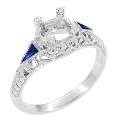 Rings Antique Jewelry Mall Art Deco 34 1 Carat Filigree Engagement Ring Setting in 14 Karat White Gold with Blue Sapphire Side Stones Rings Antique Jewelry Mall Art Deco 34 1 Carat Filigree Engagement Ring Setting in 14 Karat White Gold with Blue Sapphire Side Stones