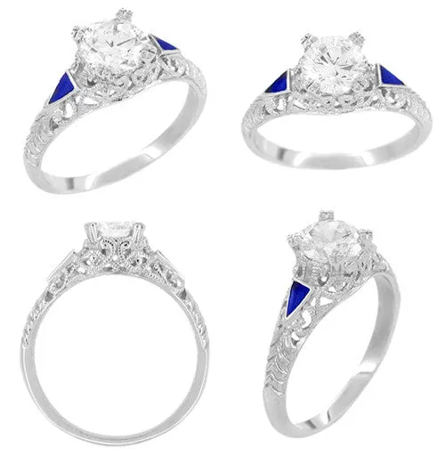 Rings Antique Jewelry Mall Art Deco 34 1 Carat Filigree Engagement Ring Setting in 14 Karat White Gold with Blue Sapphire Side Stones Rings Antique Jewelry Mall Art Deco 34 1 Carat Filigree Engagement Ring Setting in 14 Karat White Gold with Blue Sapphire Side Stones