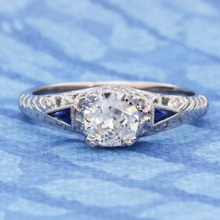 Rings Antique Jewelry Mall Art Deco 34 1 Carat Filigree Engagement Ring Setting in 14 Karat White Gold with Blue Sapphire Side Stones Rings Antique Jewelry Mall Art Deco 34 1 Carat Filigree Engagement Ring Setting in 14 Karat White Gold with Blue Sapphire Side Stones