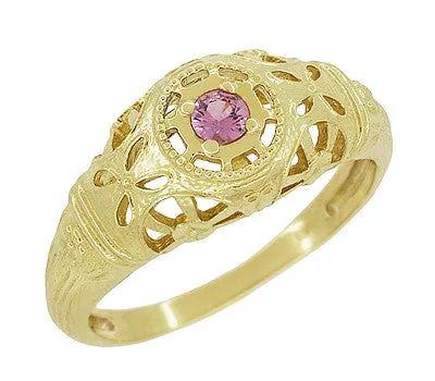 Rings Antique Jewelry Mall Art Deco Filigree Pink Sapphire Ring in 14 Karat Yellow Gold Rings Antique Jewelry Mall Art Deco Filigree Pink Sapphire Ring in 14 Karat Yellow Gold