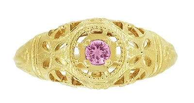 Rings Antique Jewelry Mall Art Deco Filigree Pink Sapphire Ring in 14 Karat Yellow Gold Rings Antique Jewelry Mall Art Deco Filigree Pink Sapphire Ring in 14 Karat Yellow Gold