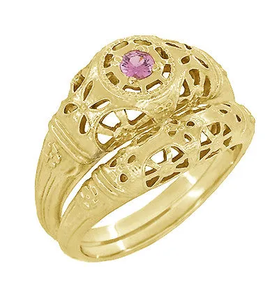 Rings Antique Jewelry Mall Art Deco Filigree Pink Sapphire Ring in 14 Karat Yellow Gold Rings Antique Jewelry Mall Art Deco Filigree Pink Sapphire Ring in 14 Karat Yellow Gold