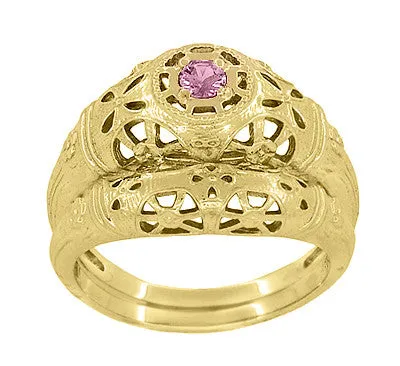 Rings Antique Jewelry Mall Art Deco Filigree Pink Sapphire Ring in 14 Karat Yellow Gold Rings Antique Jewelry Mall Art Deco Filigree Pink Sapphire Ring in 14 Karat Yellow Gold