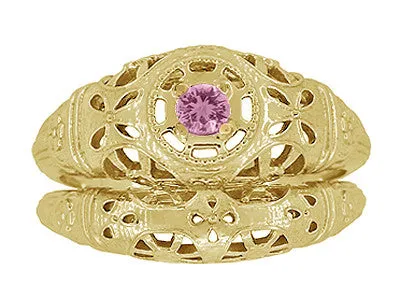 Rings Antique Jewelry Mall Art Deco Filigree Pink Sapphire Ring in 14 Karat Yellow Gold Rings Antique Jewelry Mall Art Deco Filigree Pink Sapphire Ring in 14 Karat Yellow Gold