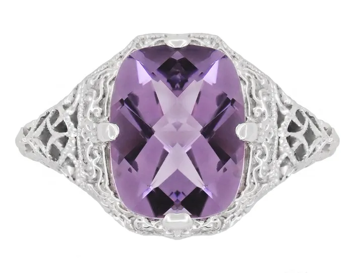 Rings Antique Jewelry Mall Art Deco Flowers and Leaves Cushion Cut Lilac Amethyst Filigree Ring in 14 Karat White Gold Rings Antique Jewelry Mall Art Deco Flowers and Leaves Cushion Cut Lilac Amethyst Filigree Ring in 14 Karat White Gold