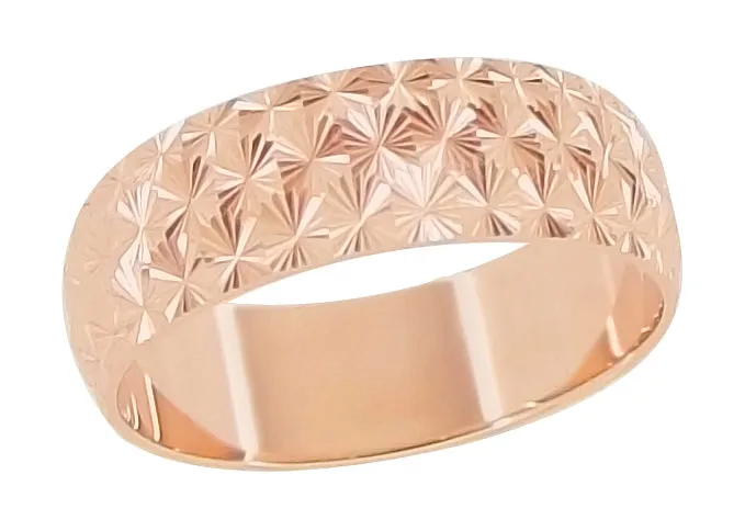 Rings Antique Jewelry Mall Mid Century Modern Engraved Starbursts Wedding Band in 14 Karat Rose Gold 6mm Wide Rings Antique Jewelry Mall Mid Century Modern Engraved Starbursts Wedding Band in 14 Karat Rose Gold 6mm Wide