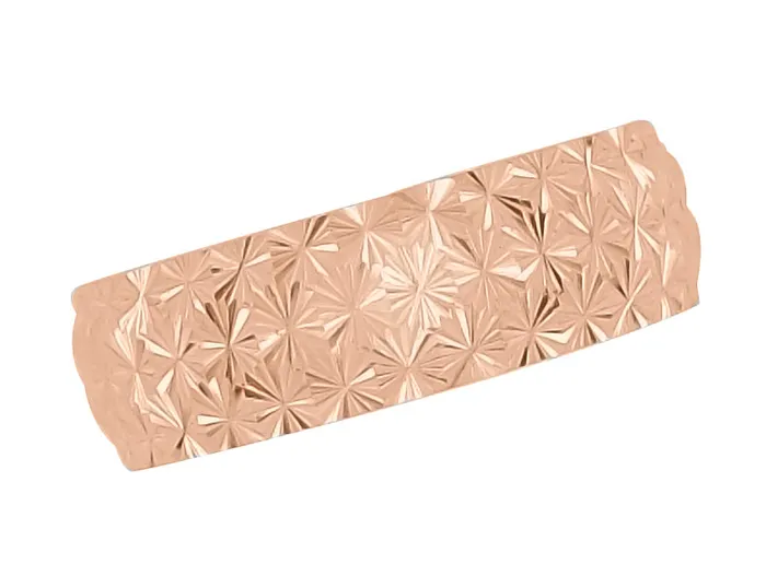 Rings Antique Jewelry Mall Mid Century Modern Engraved Starbursts Wedding Band in 14 Karat Rose Gold 6mm Wide Rings Antique Jewelry Mall Mid Century Modern Engraved Starbursts Wedding Band in 14 Karat Rose Gold 6mm Wide