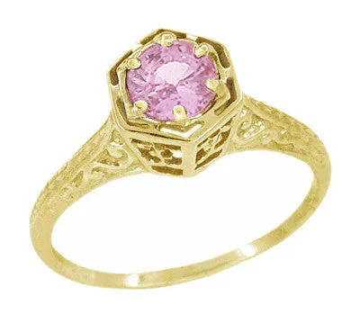 Rings Art Deco 14 Karat Yellow Gold Pink Sapphire Hexagon Filigree Engagement Ring Antique Jewelry Mall Rings Art Deco 14 Karat Yellow Gold Pink Sapphire Hexagon Filigree Engagement Ring Antique Jewelry Mall