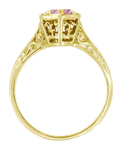 Rings Art Deco 14 Karat Yellow Gold Pink Sapphire Hexagon Filigree Engagement Ring Antique Jewelry Mall Rings Art Deco 14 Karat Yellow Gold Pink Sapphire Hexagon Filigree Engagement Ring Antique Jewelry Mall