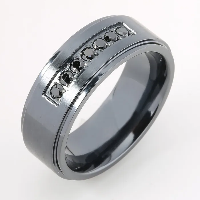 Rings Nakoa Black Titanium Double Ring with Black CZ Flat Wedding Ring 8mm