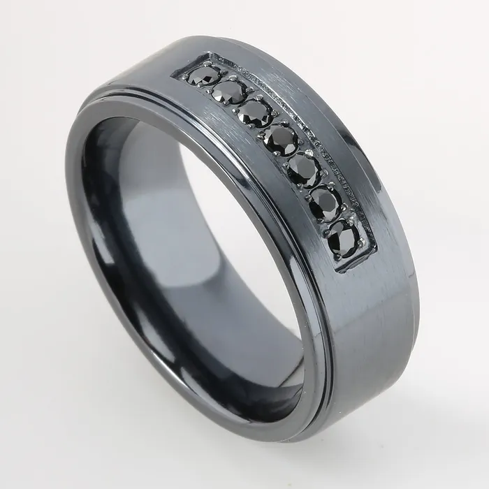 Rings Nakoa Black Titanium Double Ring with Black CZ Flat Wedding Ring 8mm