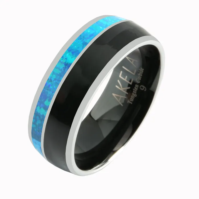 Rings Nakoa Tungsten Blue Opal and Onyx Inlaid Wedding Ring Barrel 8mm