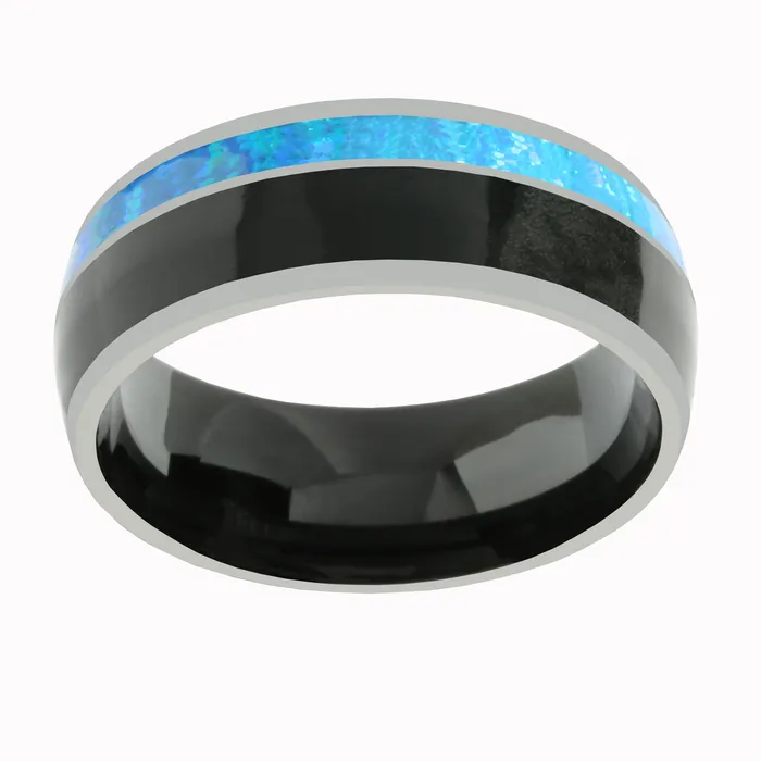 Rings Nakoa Tungsten Blue Opal and Onyx Inlaid Wedding Ring Barrel 8mm