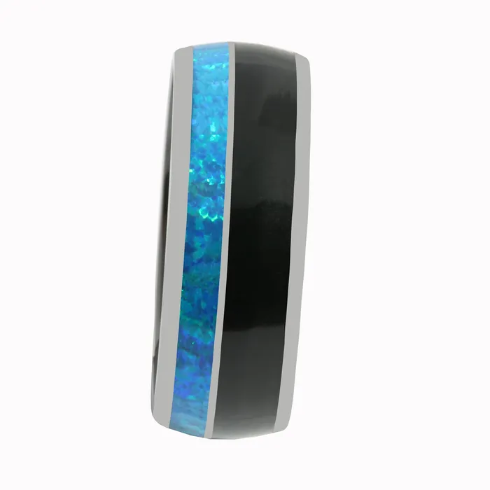 Rings Nakoa Tungsten Blue Opal and Onyx Inlaid Wedding Ring Barrel 8mm
