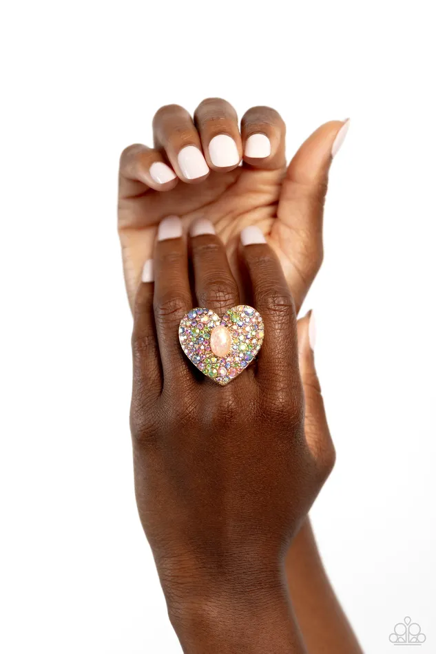 Rings Paparazzi Accessories Bejeweled Beau Gold Iridescent Rhinestone Heart Ring Paparazzi