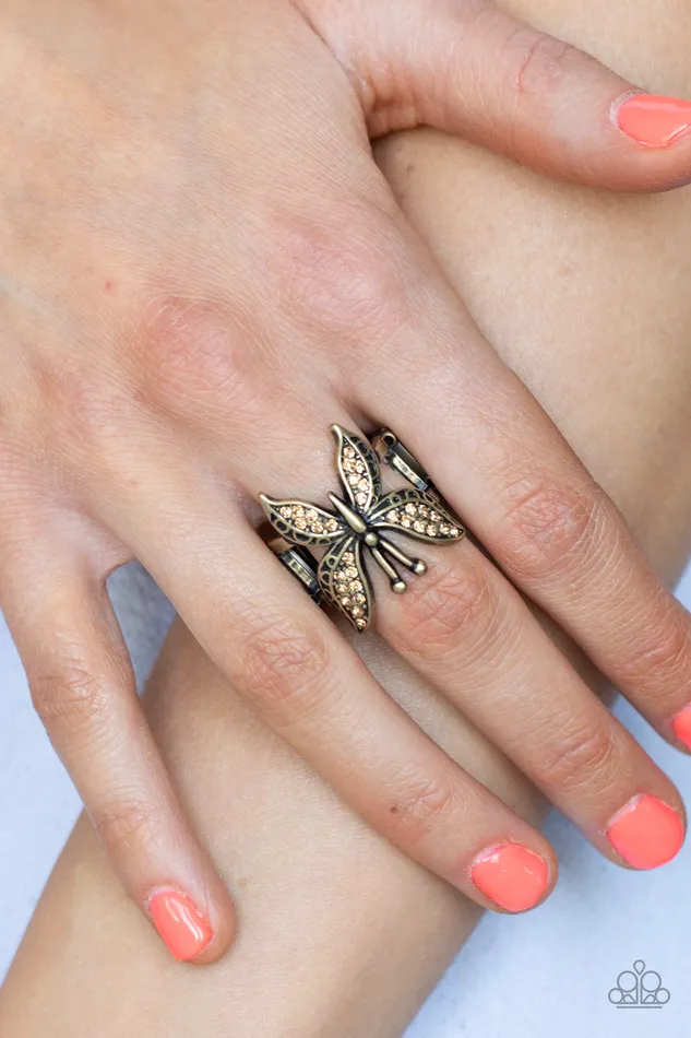 Rings Paparazzi Accessories Blinged Out Butterfly Brass Topaz Rhinestone Butterfly Ring Paparazzi