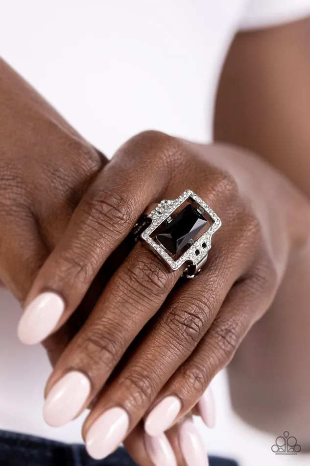 Rings Paparazzi Accessories Emerald Elegance Black Gem White Rhinestone Silver Ring Paparazzi