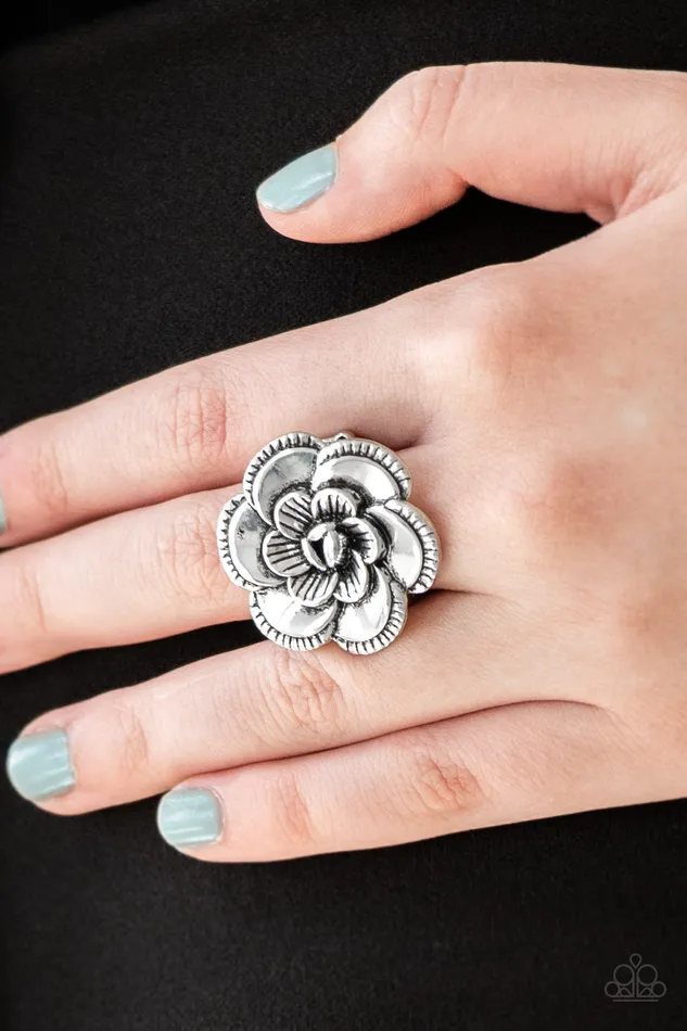 Rings Paparazzi Accessories FLOWERBED and Breakfast Silver Floral Ring Paparazzi