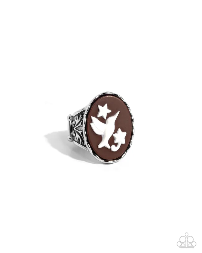 Rings Paparazzi Accessories FOWL Language Brown Oval White Hummingbird Silver Ring Paparazzi Rings Paparazzi Accessories FOWL Language Brown Oval White Hummingbird Silver Ring Paparazzi