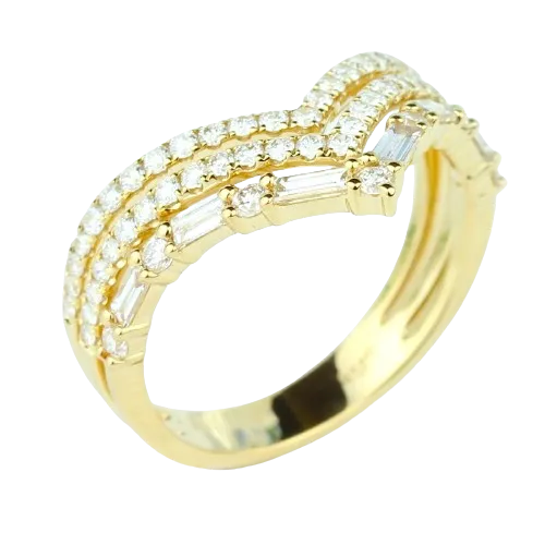 Rings PARADE DESIGNS 14k Yellow Gold 3DiamondRow Chevron Band with Baguettes