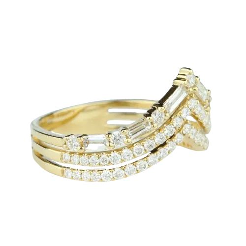 Rings PARADE DESIGNS 14k Yellow Gold 3DiamondRow Chevron Band with Baguettes