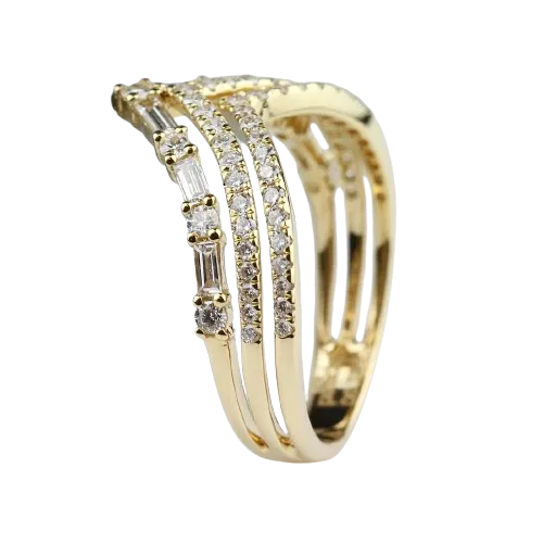 Rings PARADE DESIGNS 14k Yellow Gold 3DiamondRow Chevron Band with Baguettes