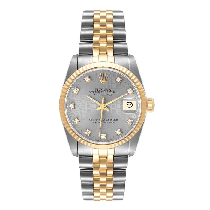 Rings Rolex Ladies Rolex Midsize 31mm DateJust Two Tone 18K Yellow Gold Stainless Steel Watch with Silver Diamond Dial and Fluted Bezel PreOwned 682735 Rings Rolex Ladies Rolex Midsize 31mm DateJust Two Tone 18K Yellow Gold Stainless Steel Watch with Silver Diamond Dial and Fluted Bezel PreOwned 682735