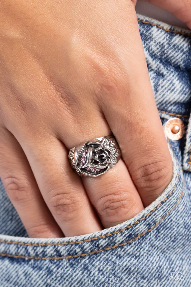 Rings Rose Garden Refinement Pink Rhinestone Silver Flower Ring Paparazzi Paparazzi Accessories