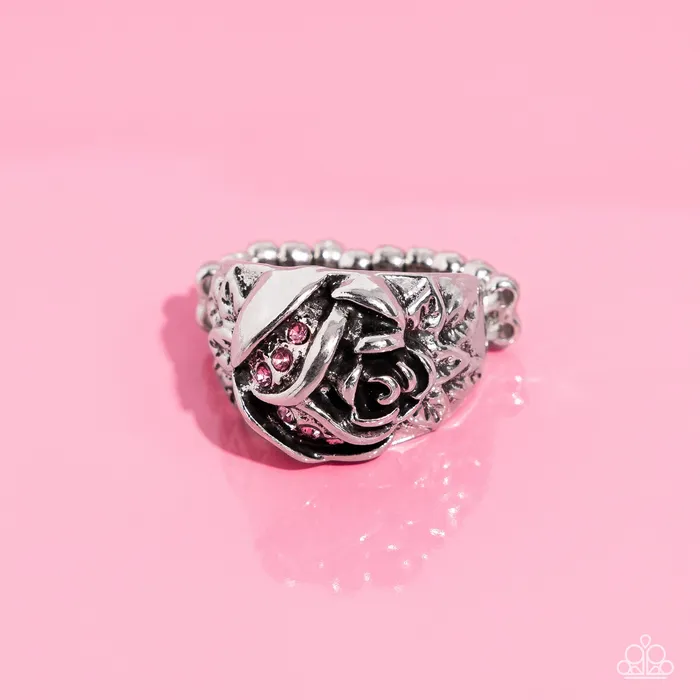 Rings Rose Garden Refinement Pink Rhinestone Silver Flower Ring Paparazzi Paparazzi Accessories