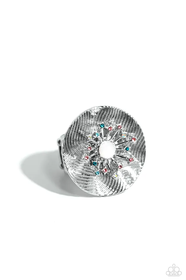 Rings Seriously SUNBURST White Opalescent Iridescent Colorful Rhinestone Silver Flower Ring Paparazzi Paparazzi Accessories Rings Seriously SUNBURST White Opalescent Iridescent Colorful Rhinestone Silver Flower Ring Paparazzi Paparazzi Accessories