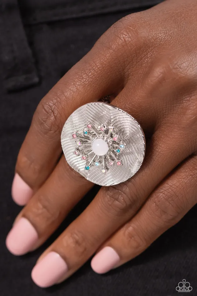 Rings Seriously SUNBURST White Opalescent Iridescent Colorful Rhinestone Silver Flower Ring Paparazzi Paparazzi Accessories