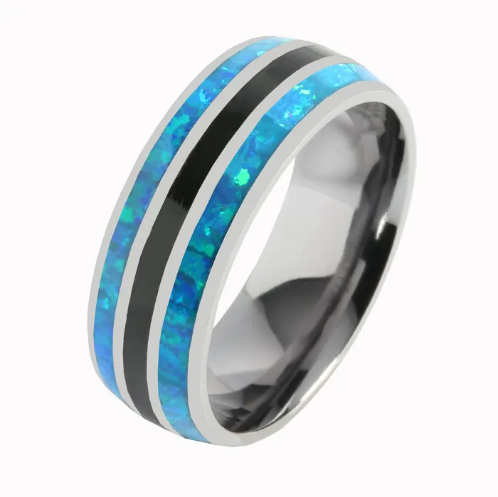 Rings Tantalum with Blue Opal and Onyx Inlaid Wedding Ring Barrel 8mm Nakoa Rings Tantalum with Blue Opal and Onyx Inlaid Wedding Ring Barrel 8mm Nakoa