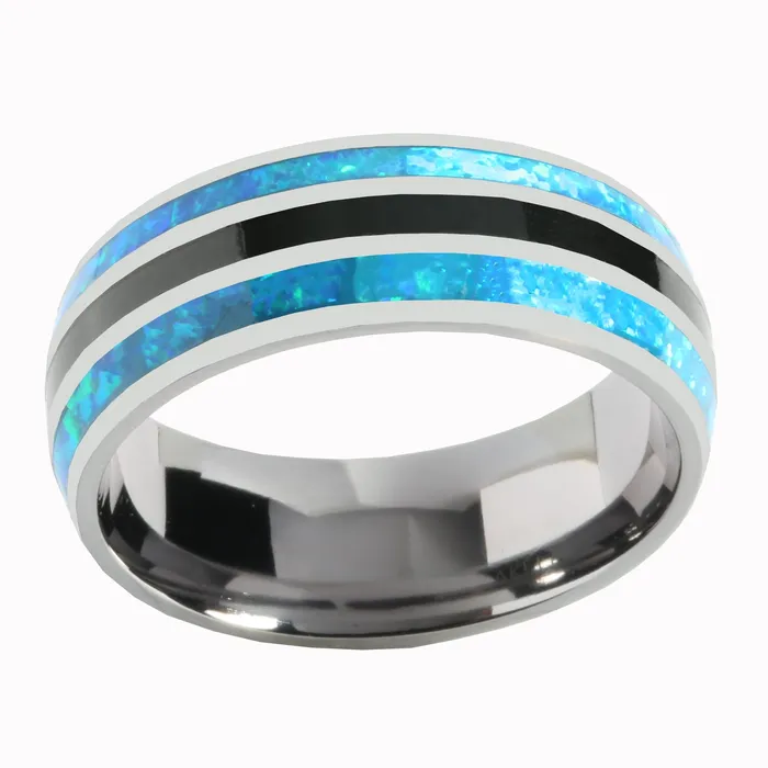 Rings Tantalum with Blue Opal and Onyx Inlaid Wedding Ring Barrel 8mm Nakoa