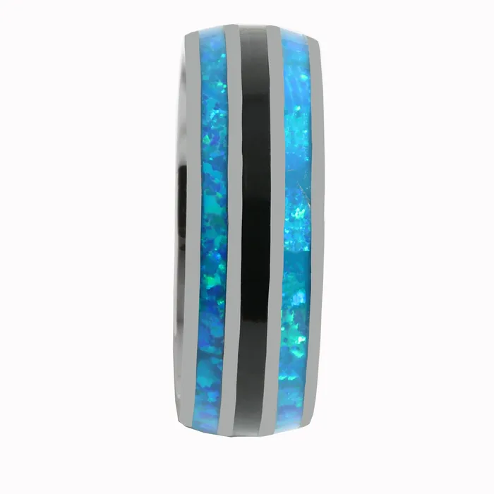 Rings Tantalum with Blue Opal and Onyx Inlaid Wedding Ring Barrel 8mm Nakoa